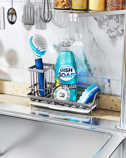 Consumest Sponge Holder for Kitchen Sink, Sink Caddy Organizer with Removable Drip Tray, Countertop Dish Soap Holder and Brush Holder, 304 Stainless Steel - Sand Nickel - Image 3