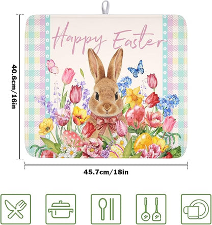 Easter Bunny Dish Drying Mat for Kitchen Counter Happy Easter Rabbit Floral Colorful Buffalo Plaid Microfiber Dish Drainer Mat Absorbent Washable Drying Pad 16"x18"