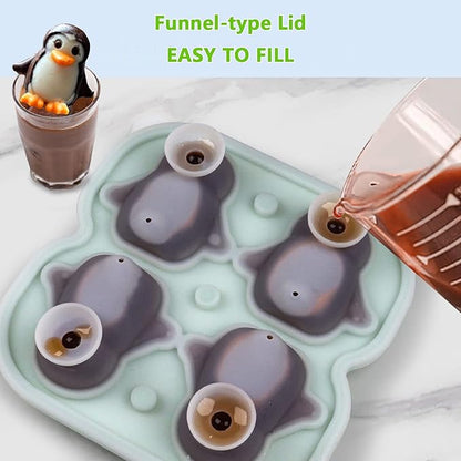 Penguin Ice Cube Mold, Fun Shapes Ice Cube Tray, Make 4 Cute Penguin Ice Balls for Drinks Cocktails Iced Coffee, Silicone Ice Mold Chocolate Mold with Funnel-type Lid, Green
