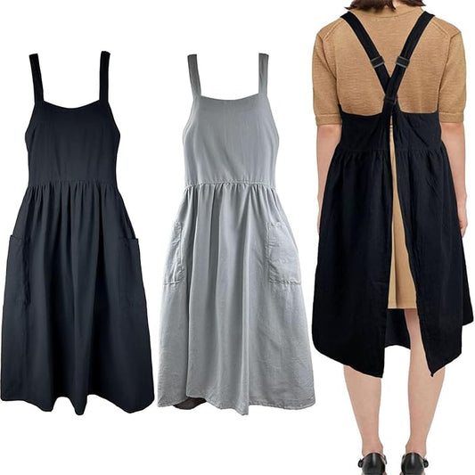Uaussi Cotton Linen Apron Cross Back Work Apron for Women with Pockets Pinafore Dress X Cross Halter Apron for Chef Gardening by Uaussi