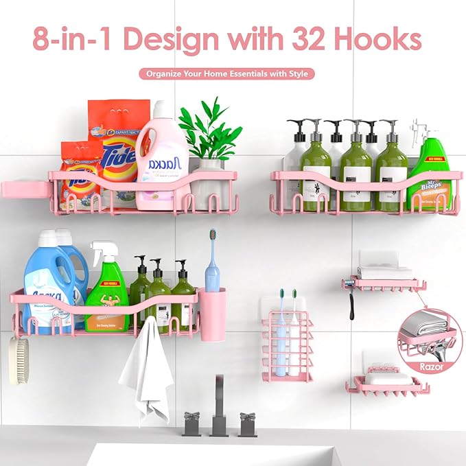 NESOMI Shower Caddy Adhesive Shower Organizer 8-Pack, Rustproof Stainless Steel Bathroom Shelves, Large Capacity No-Drill Rack Storage Accessories with Soap Dish Toothbrush Holder Hooks - Image 7