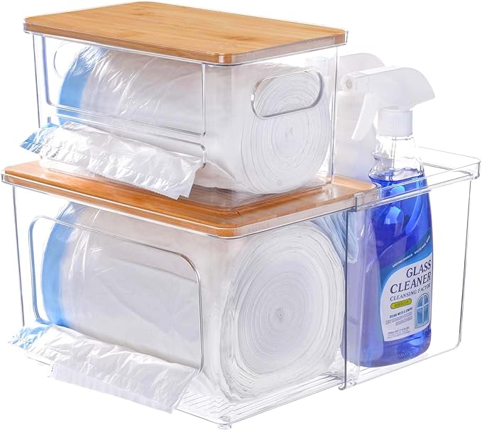 iCASA Trash Bag Dispenser Holder - 3 in 1 Acrylic Plastic Garbage Bag Pantry Organizer, Clear Large Laundry Pods Container with Lid, Stackable Under Sink Kitchen Laundry Room Organization and Storage by iCASA