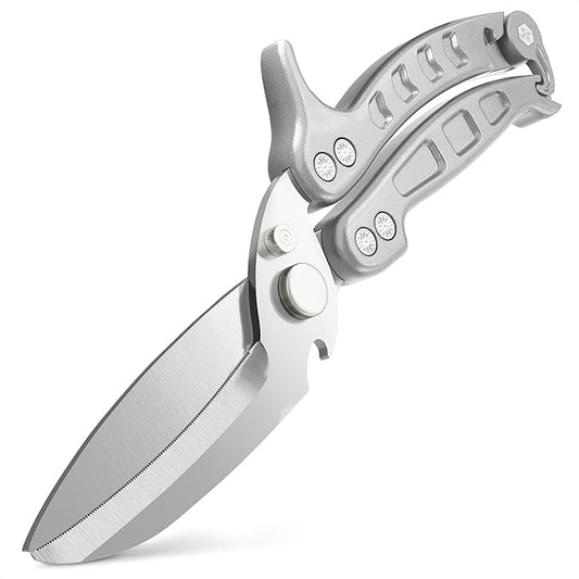 Heavy Duty Poultry Shears – Kitchen Shears Dishwasher Safe, Spring-Loaded, 3Cr14 Steel, Micro-Serrated, Separates for Easy Cleaning | Bone Scissors for Chicken, Turkey, Seafood & Fish Scale (Silver)