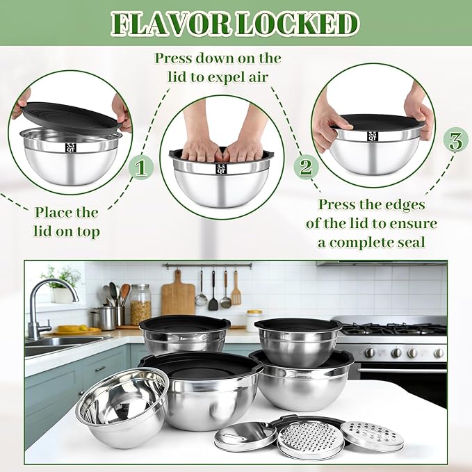 8PCS Mixing Bowls with Lids Set - 5 Nesting Mixing Bowls, 3 Grater Attachments, Lids, Stainless Steel Mixing Bowls for Mixing & Serving, Size 1.5/2.1/3.5/4/4.5 QT, Black - Image 5