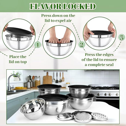 8PCS Mixing Bowls with Lids Set - 5 Nesting Mixing Bowls, 3 Grater Attachments, Lids, Stainless Steel Mixing Bowls for Mixing & Serving, Size 1.5/2.1/3.5/4/4.5 QT, Black - Image 5