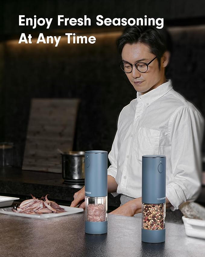 TOMEEM Upgraded Larger Capacity Electric Salt and Pepper Grinder Set Rechargeable with LED lights, Stainless Steel Automatic Pepper and Salt Grinder Refillable with 5 Adjustable Coarseness Blue - Image 8