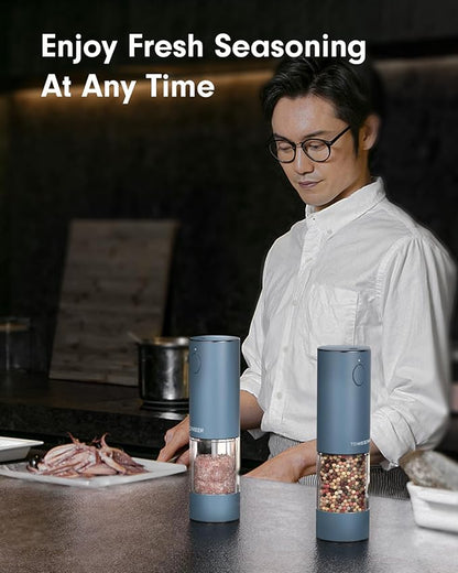 TOMEEM Upgraded Larger Capacity Electric Salt and Pepper Grinder Set Rechargeable with LED lights, Stainless Steel Automatic Pepper and Salt Grinder Refillable with 5 Adjustable Coarseness Blue - Image 8