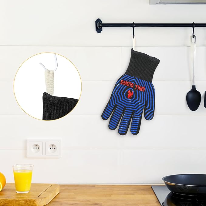 QUWIN BBQ Gloves, Oven Gloves 1472℉ Extreme Heat Resistant, Grilling Gloves Silicone Non-Slip Oven Mitts, Kitchen Gloves for BBQ, Grilling, Cooking, Baking-1 Pair (One Size Fits Most, Black/Blue) - Image 4