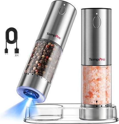 TempPro 100ml Electric Salt and Pepper Grinder Set Rechargeable, Automatic Pepper Grinder Shakers with External Adjustment, Refillable Pepper Mill Set with Cover & LED, 2-Pack(Previously ThermoPro) by TempPro