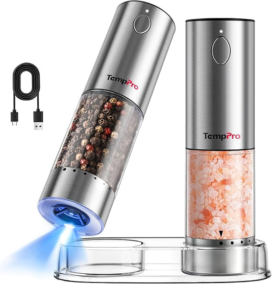 TempPro 100ml Electric Salt and Pepper Grinder Set Rechargeable, Automatic Pepper Grinder Shakers with External Adjustment, Refillable Pepper Mill Set with Cover & LED, 2-Pack(Previously ThermoPro) by TempPro