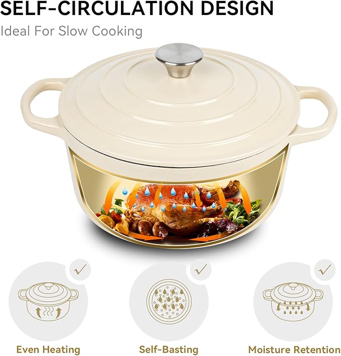 Miereirl 6 Quart Enameled Dutch Oven Pot with Lid, Cast Iron Dutch Oven with Dual Handles for Bread Baking, Cooking, Non-stick Enamel Coated Cookware (Beige) - Image 2