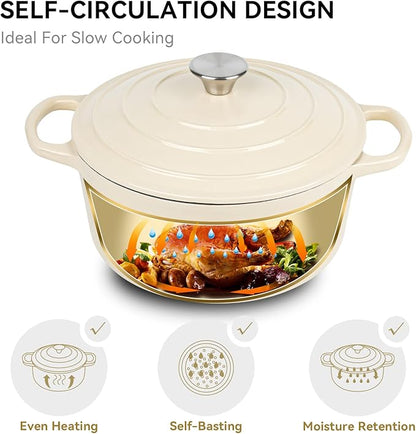 Miereirl 6 Quart Enameled Dutch Oven Pot with Lid, Cast Iron Dutch Oven with Dual Handles for Bread Baking, Cooking, Non-stick Enamel Coated Cookware (Beige) - Image 2