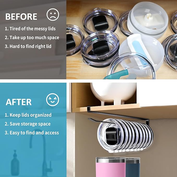 Shallow Tumbler Lid organizers for Cabinet, Space Saving Yeti Tumbler Lid Holder, Stanley Cup Lid organizers inside Cabinet, No Drill Cup Lid Hanger Must-Have 2025, 2 Pack, Up to 30 Lids - Image 6
