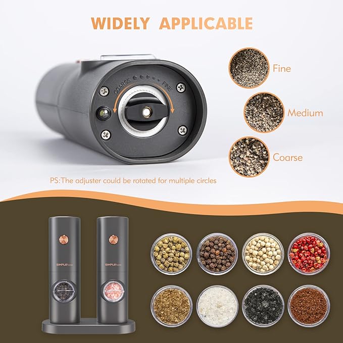 SIMPLETASTE Electric Salt and Pepper Grinder Set with LED Light, Automatic Pepper Mill Shakers with Adjustable Coarseness, One Hand Operation for Kitchen, Dining, Gifting, Space Gray, Battery Operated - Image 3