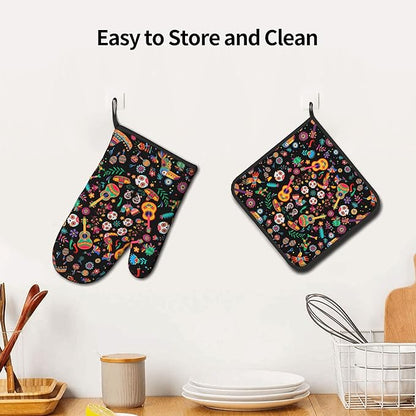 Mexican Oven Mitt Potholders Sets - Mexico Kitchen Mitts and Pot Holders Set of 2 Floral Skull Oven Gloves Hot Pads for Cooking Baking Grilling - Image 6