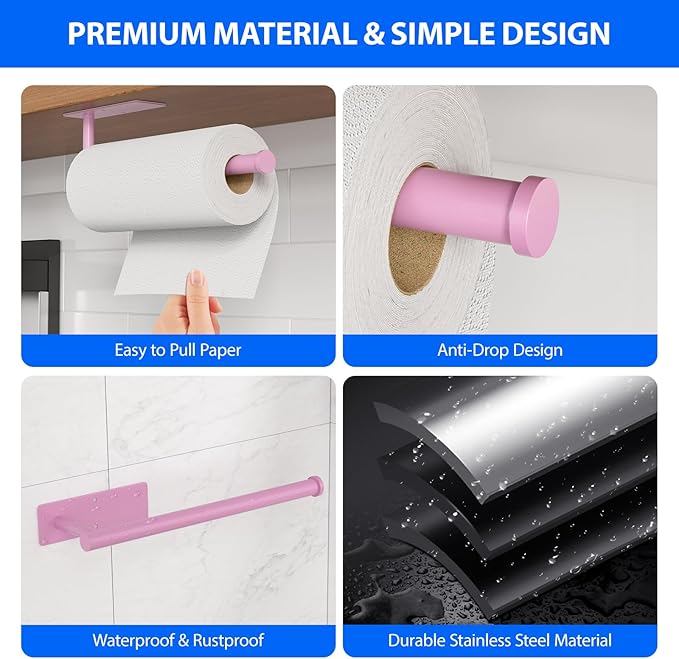 Paper Towel Holder Under Cabinet, Self-Adhesive,No Drilling, Stainless Steel, Wall-Mounted for Kitchen and Bathroom, Easy Install, Durable, Space-Saving, Ideal for Home, RV (Pink, 1 Pack) - Image 4