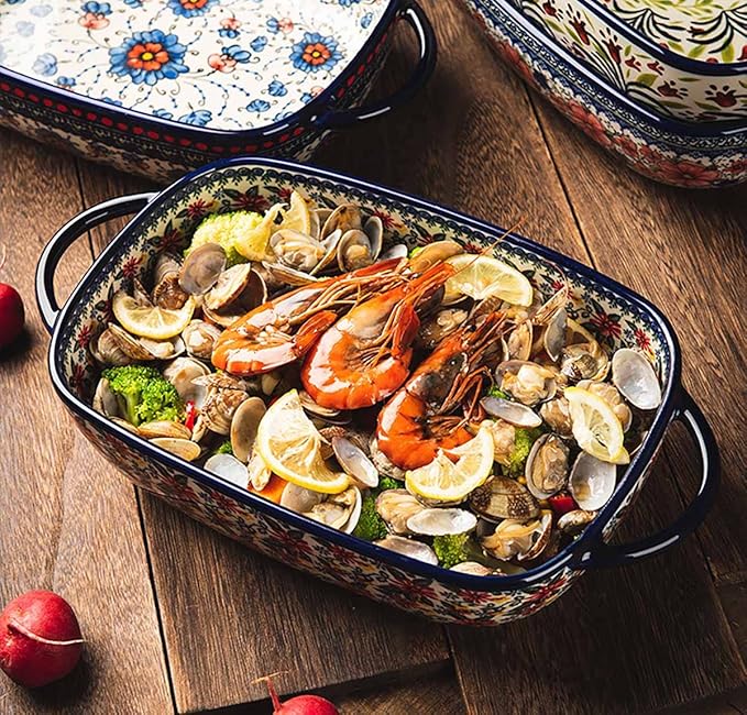 Red Daisy Flower Vintage Style Ceramic Bakeware Casserole Dish Baking Pan Lasagna Pans Baking Dish with Handles for Oven/Cooking/Kitchen-1 PCS, 60 OZ - Image 3