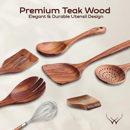 7 Pcs Teak Wooden Kitchen Utensils – Handcrafted Wooden Cooking Utensils Set with Holder, Elegant Wooden Spoons for Cooking & Timeless Utensil Set for Daily Use - Teak Utensils Set for Cooking - Image 2