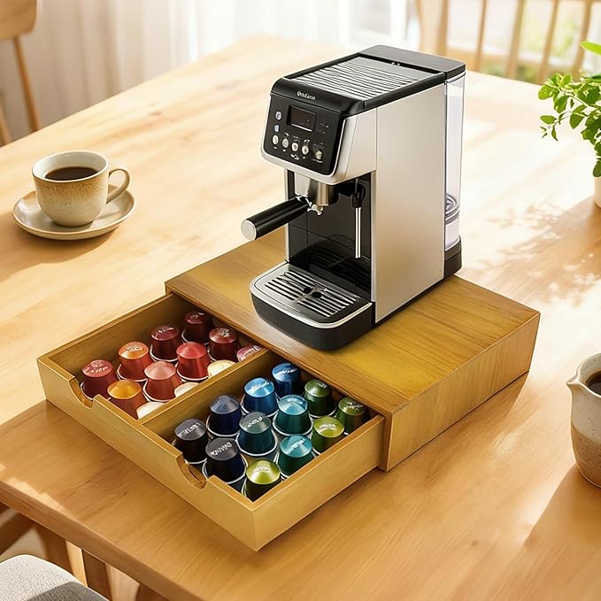 Coffee Pod 15" X 11" X 3" Natural Wood Countertop Organizer Drawer, Counter Top Espresso Tea Bag Station Storage Holder Box, Brown - Image 2