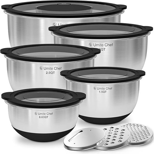 Mixing Bowls with Lids Set - Non-Slip, Airtight Warp-Proof TPR-AS Lids, Thicker Stainless Steel Bowls, Measurement Lines & 3 Graters, Prep Meal Bowl, Black Nesting Bowl for Kitchen, 5/3/2/1.5/0.63QT by UmiteChef