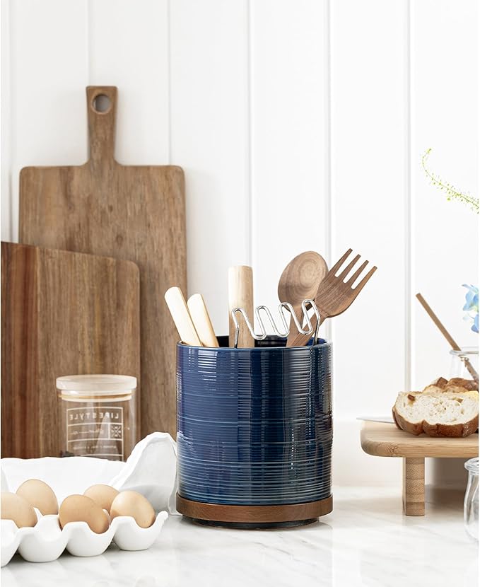 Utensil Holder, 360° Rotating Extra Large Ceramic Kitchen Utensil Holder for Countertop, 7.3“ Cooking Utensil Crocks for Kitchen Counter with Rotatable Wooden Base, Farmhouse Decor, Dark Blue - Image 2