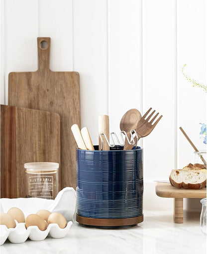 Utensil Holder, 360° Rotating Extra Large Ceramic Kitchen Utensil Holder for Countertop, 7.3“ Cooking Utensil Crocks for Kitchen Counter with Rotatable Wooden Base, Farmhouse Decor, Dark Blue - Image 2