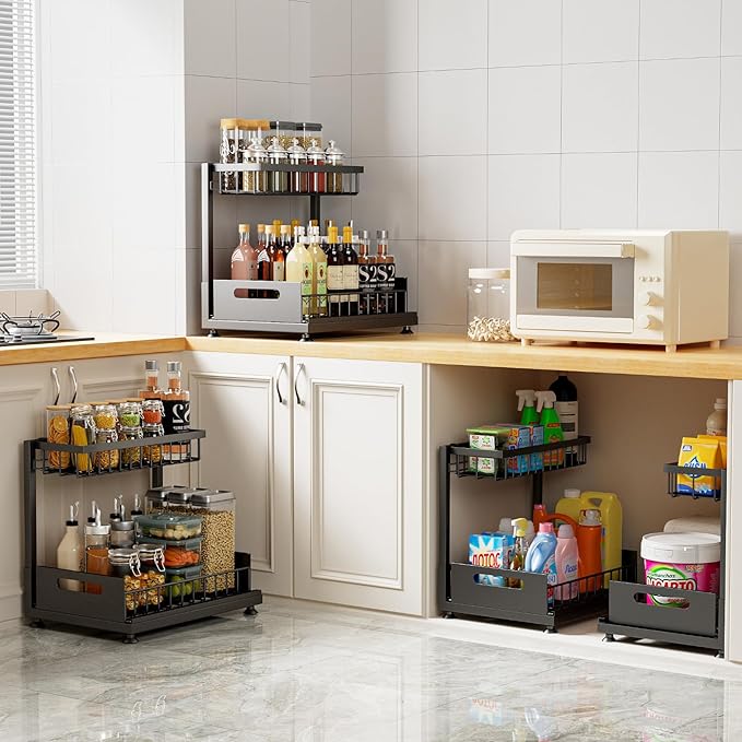 Saydear Under Sink Organizer Storage 2-Tier Premium Metal Pull-Out Kitchen Cabinet Organizer with Sliding Drawer, Height Adjustable, Heavy Duty for Kitchen & Bathroom Organizers 2 Pack Black - Image 4