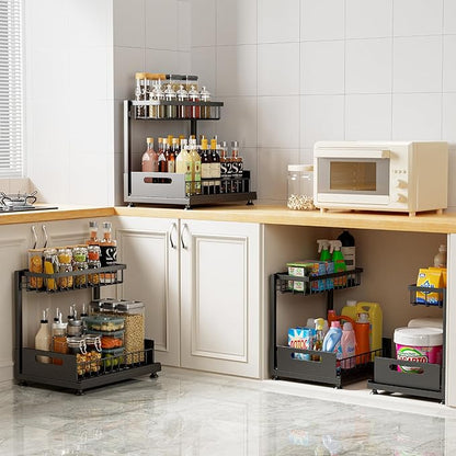 Saydear Under Sink Organizer Storage 2-Tier Premium Metal Pull-Out Kitchen Cabinet Organizer with Sliding Drawer, Height Adjustable, Heavy Duty for Kitchen & Bathroom Organizers 2 Pack Black - Image 4