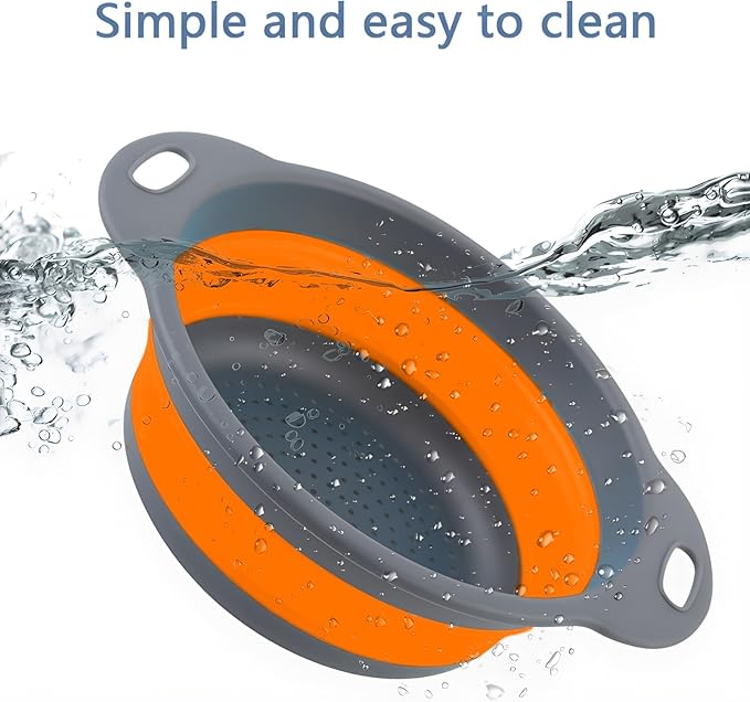 Silicone Colander Collapsible Strainers Set for Kitchen- 2 Pack (3Qt, 4Qt) -Over Home Draining Basket, Food Vegetables & Fruits-Dishwasher Safe, Space Saving Design (Orange) - Image 4
