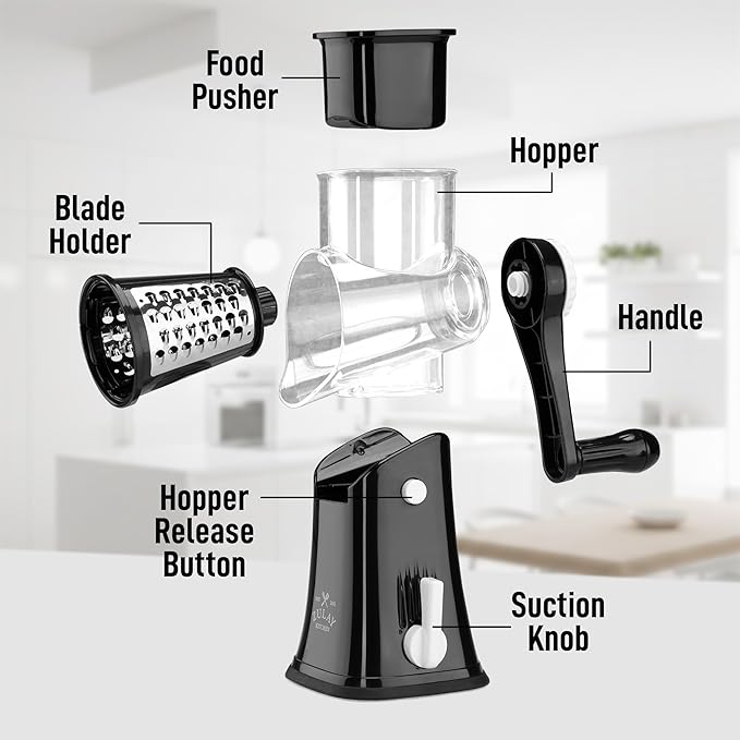 Zulay Kitchen Rotary Cheese Grater 5 Blade Cheese Shredder - Manual Hand Crank Cheese Grater With Reinforced Suction & 5 Interchangeable Drums - Easy to Use, Vegetable Chopper Round Mandoline Slicer - Image 8