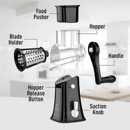 Zulay Kitchen Rotary Cheese Grater 5 Blade Cheese Shredder - Manual Hand Crank Cheese Grater With Reinforced Suction & 5 Interchangeable Drums - Easy to Use, Vegetable Chopper Round Mandoline Slicer - Image 8