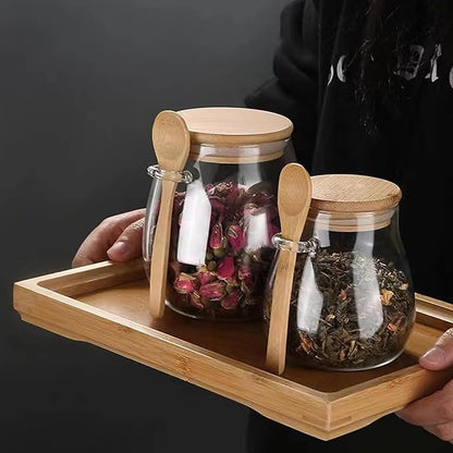 Airtight glass jar storage container with bamboo lid Set of 4, wide mouth, leak-proof, With a spoon, can be used for coffee beans, tea leaves, grains, dried fruits, etc (Small*4pcs) - Image 6