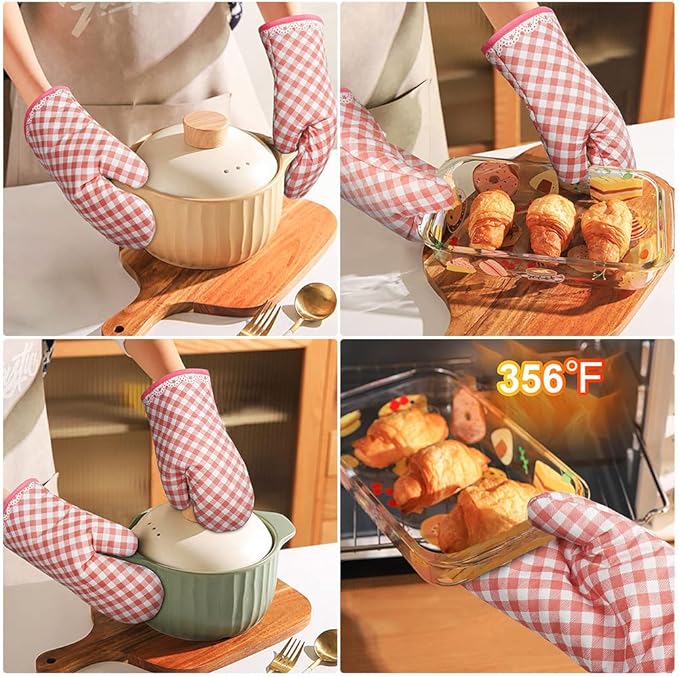AUAUY Pink Oven Mitts, Kitchen Mittens, 392F Heat Resistant Non-Slip Gloves for Cooking, Baking, BBQ, Grilling - Cotton Infill, 1 Pair - Image 2