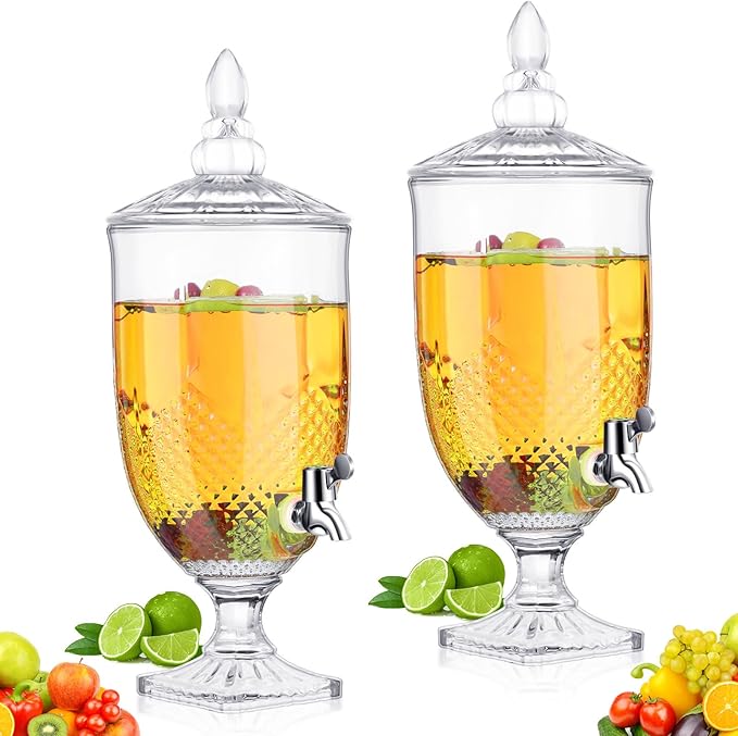 Bokon 2 Pieces Drink Dispensers for Parties Crystal Iced Beverage Dispenser with Stand and Spigot, Glass Liquid Containers Wide Mouth Beverage Server for Juice Tea Wedding (Exquisite) by Bokon