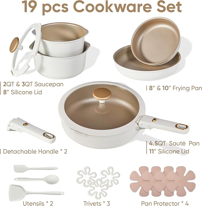 CAROTE 19 Pcs Pots and Pans Set, Nonstick Cookware Sets with Detachable Handle, Titanium Reinforced, Oven Safe, Cookware Non Stick Cooking Set w/Frying Pans & Saucepans White(PFOS, PFOA Free) - Image 2