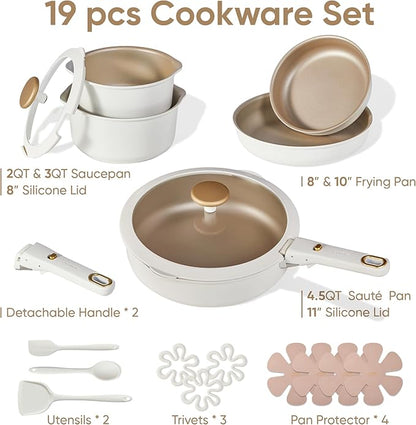 CAROTE 19 Pcs Pots and Pans Set, Nonstick Cookware Sets with Detachable Handle, Titanium Reinforced, Oven Safe, Cookware Non Stick Cooking Set w/Frying Pans & Saucepans White(PFOS, PFOA Free) - Image 2