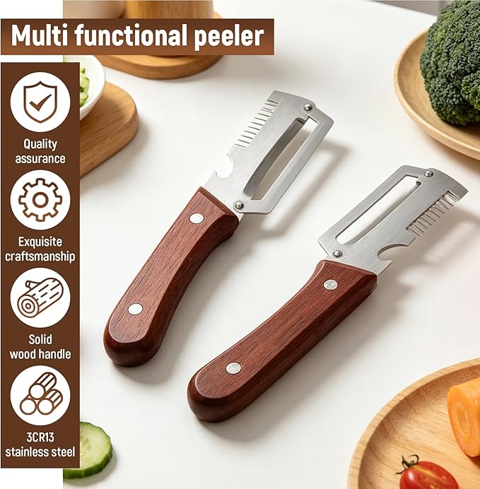 2Pcs Vegetable Peeler for Kitchen – 2026 New 3 in 1 Multifunctional Stainless Steel Peeler with Wooden Handle & Bottle Opener and Handle Blade Kitchen Tool (Brown)