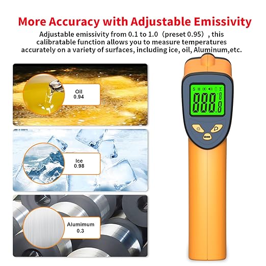 DEASOMIYE Infrared Laser Thermometer, Digital Infrared Laser Thermometer Gun with Adjustable Emissivity, IR Thermometer Temperature Gun for Cooking, Pizza Oven & Engine, -58℉～1022℉(-50℃～550℃)