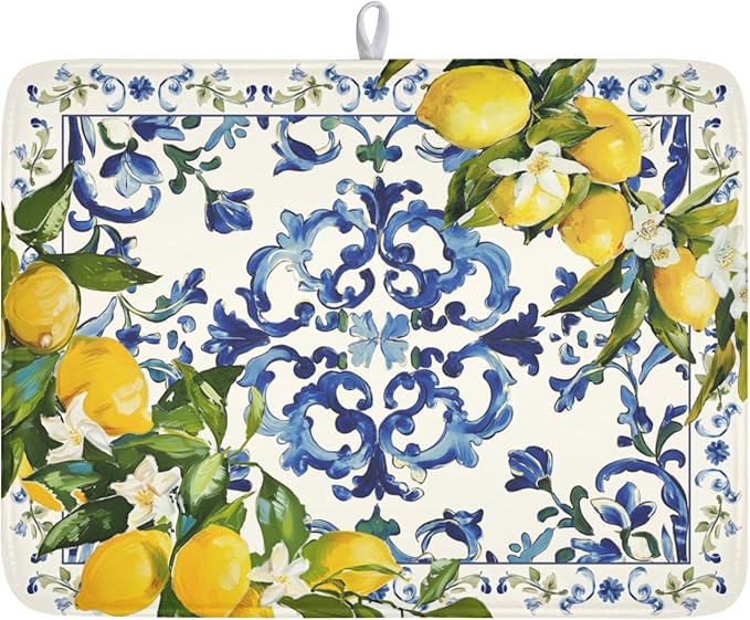 Lemon Dish Drying Mat 24x18 Inch, Blue Tiles Drying Mat with Absorbent Reversible Microfiber, Italian Olive Tree Dish Drainer Mats Summer Rack Pad for Coffee Countertop Kitchen Protector