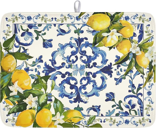 Lemon Dish Drying Mat 24x18 Inch, Blue Tiles Drying Mat with Absorbent Reversible Microfiber, Italian Olive Tree Dish Drainer Mats Summer Rack Pad for Coffee Countertop Kitchen Protector