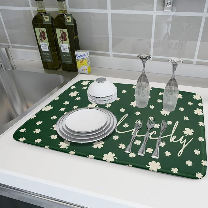 Giwawa St Patricks Day Dish Drying Mat Green Lucky Clovers Dish Drainer Mats 18"x24" Shamrock Holiday Microfiber Reversible Dish Drying Rack Pad Protector for Kitchen Countertop Large Decor