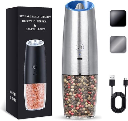 UNNEES Rechargeable Electric Salt and Pepper Grinder, gravity electric salt and pepper grinder, Adjustable Roughness, LED Light, 1 Pack, (Silver) by UNNEES