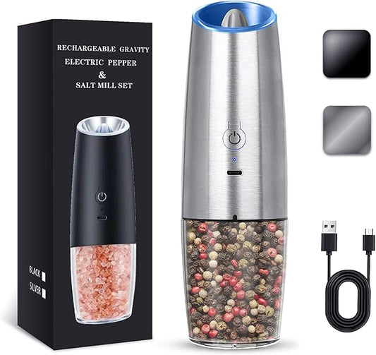 UNNEES Rechargeable Electric Salt and Pepper Grinder, gravity electric salt and pepper grinder, Adjustable Roughness, LED Light, 1 Pack, (Silver) by UNNEES