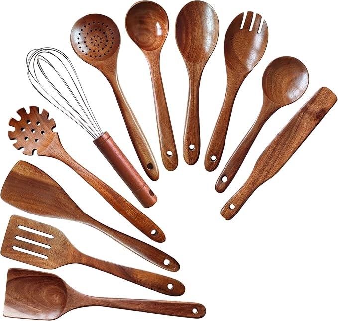 Wooden Spoons for Cooking 11 Pieces Set, High Quality Wooden Kitchen Utensil Set, Wooden Utensil Set, With Strainer Spoon, Pasta server, Fried Spatula and Salad Fork, Egg Beater, Butter Spreader by YYLTJR