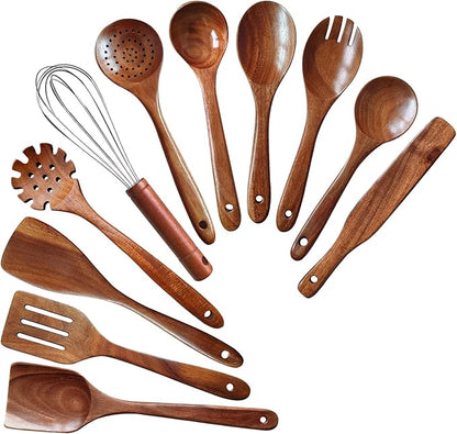 Wooden Spoons for Cooking 11 Pieces Set, High Quality Wooden Kitchen Utensil Set, Wooden Utensil Set, With Strainer Spoon, Pasta server, Fried Spatula and Salad Fork, Egg Beater, Butter Spreader by YYLTJR