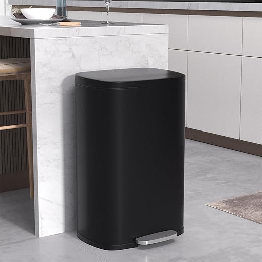 50 Liter / 13 Gallon Kitchen Trash Can with Lid, Stainless Steel Foot Pedal and Plastic Inner Bucket, Fingerprint-Resistant Soft Close Lid Garbage Can, Odor Proof Hygienic, Black, Gallom by WelcometoBIQWBIC
