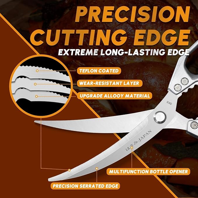 HUUSK Kitchen Scissors Set - Stainless Steel Kitchen Shear, Sharp Meat Scissors Dishwasher Safe, Heavy Duty Poultry Shears, Japanese Cooking Scissor for Food, Chicken Bones, Christmas Gift for Men - Image 3