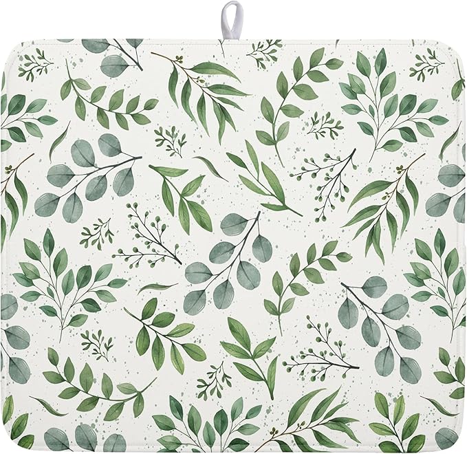 Kawani Sage Green Dish Drying Mat 16x18 In Absorbent Reversible Eucalyptus Leaves Plant Drying Mat Green Plant Dish Drying Rack Mat Spring Summer Themed Dish Drainer Mat for Kitchen Counter Coffee Bar