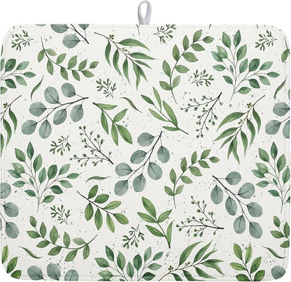 Kawani Sage Green Dish Drying Mat 16x18 In Absorbent Reversible Eucalyptus Leaves Plant Drying Mat Green Plant Dish Drying Rack Mat Spring Summer Themed Dish Drainer Mat for Kitchen Counter Coffee Bar