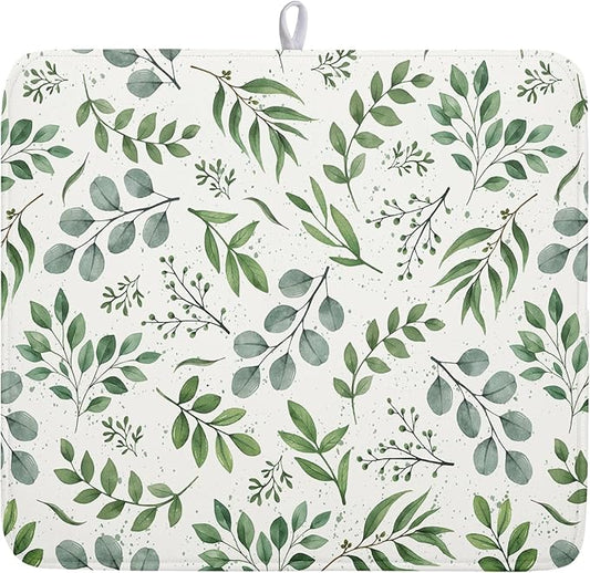 Kawani Sage Green Dish Drying Mat 16x18 In Absorbent Reversible Eucalyptus Leaves Plant Drying Mat Green Plant Dish Drying Rack Mat Spring Summer Themed Dish Drainer Mat for Kitchen Counter Coffee Bar